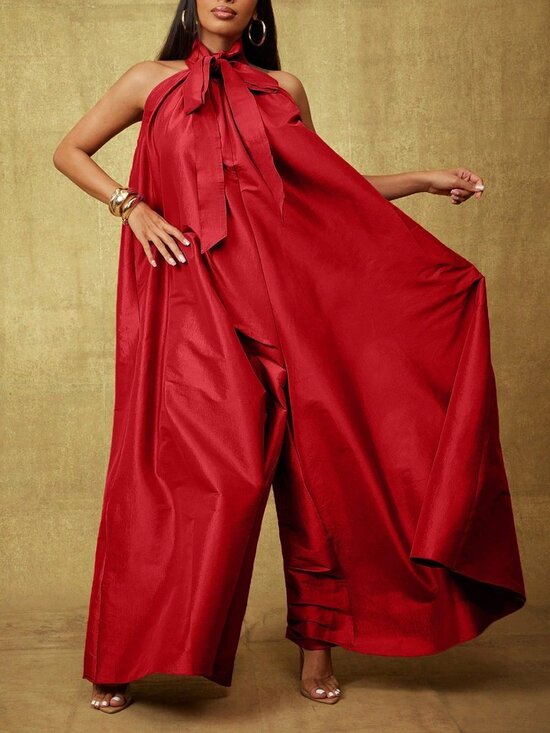 MODA ME COUTURE Pants - Red Women's Taffeta Bow Tie Halter Neck Extreme Wide Leg Jumpsuit